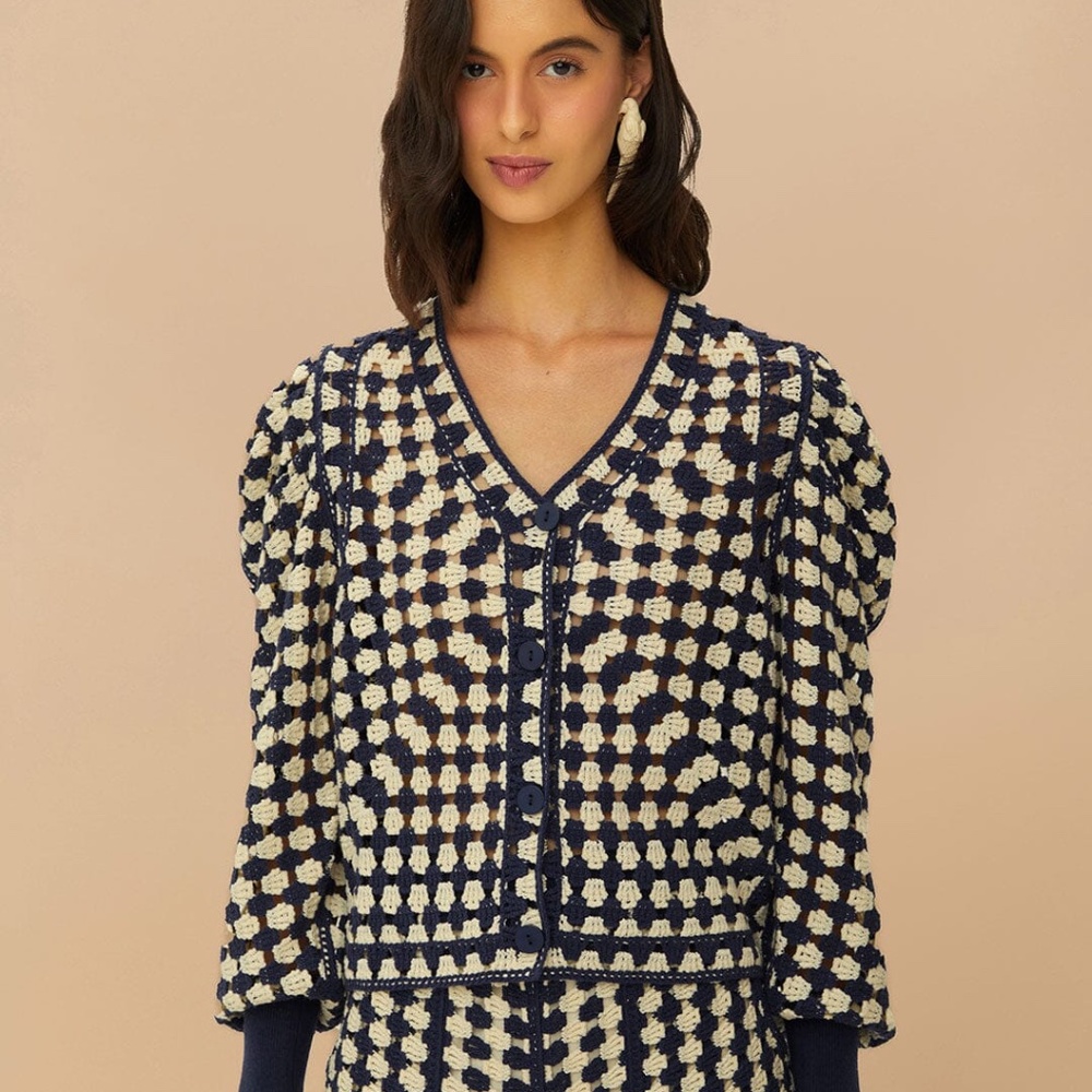 FARM Rio Blue & White Crochet Cardigan
